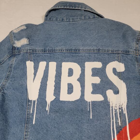 M&M Rainbow Vibes Denim Jean Jacket Large Pride Distressed - Picture 10 of 16